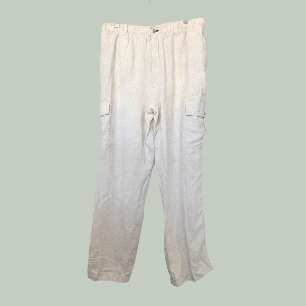 Caribbean Mens 100% Linen Cargo Pants 38x30 Beige Oatmeal Elastic Waist Relaxed